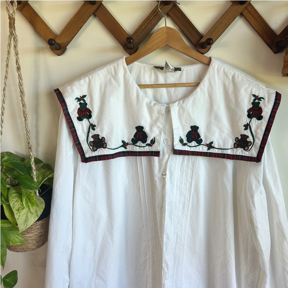 Vintage Bryn Connelly White Cotton Teddy Bear Christmas Sailor Collar Blouse 24W
